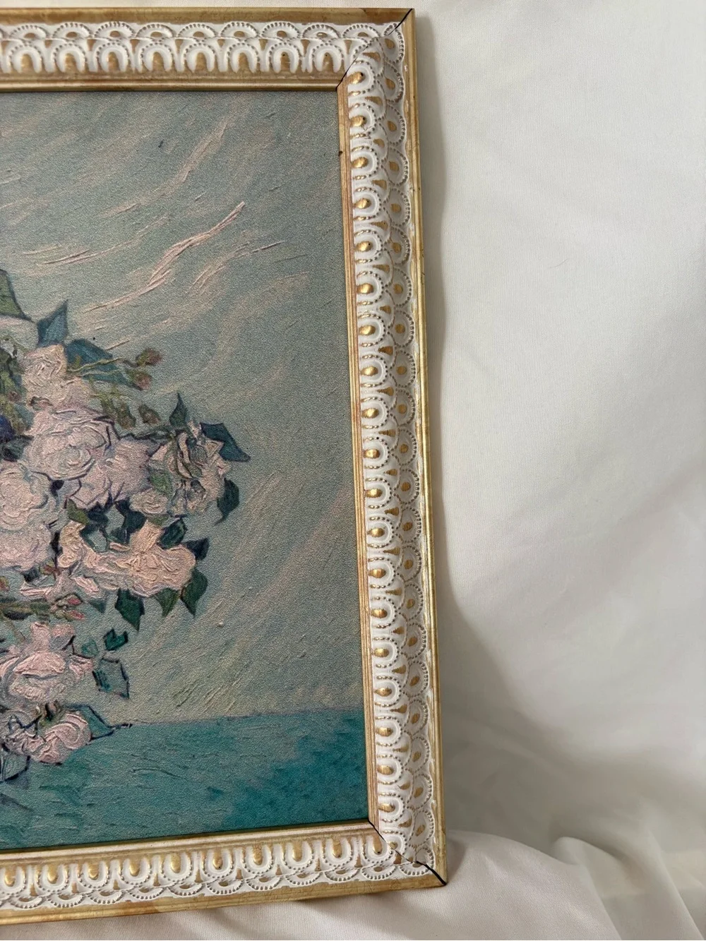 Vintage Vincent Van Gogh pink flowers artwork print in scalloped frame home art